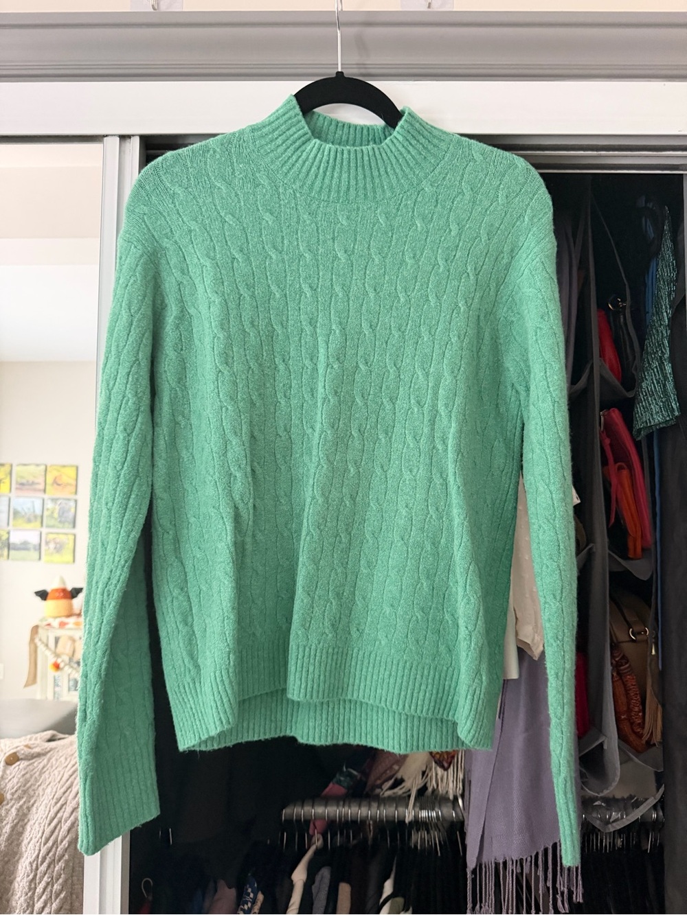 J. Crew Green Cable-Knit Mock Neck Sweater